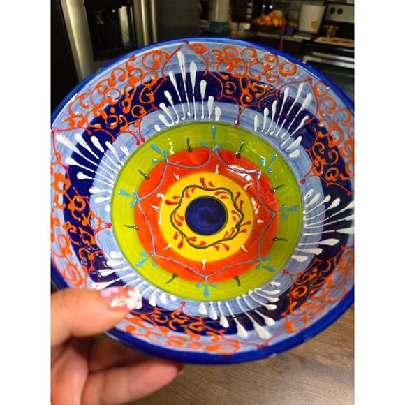 Hand-Painted Ceramic Bowl From Spain With Vibrant Blue Orange & Yellow Patterns - Picture 5 of 16